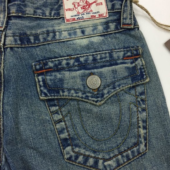 NWT TRUE RELIGION Bleach Distressed Flare Leg 5 Pocket Logo Hardware Jeans - Picture 12 of 15